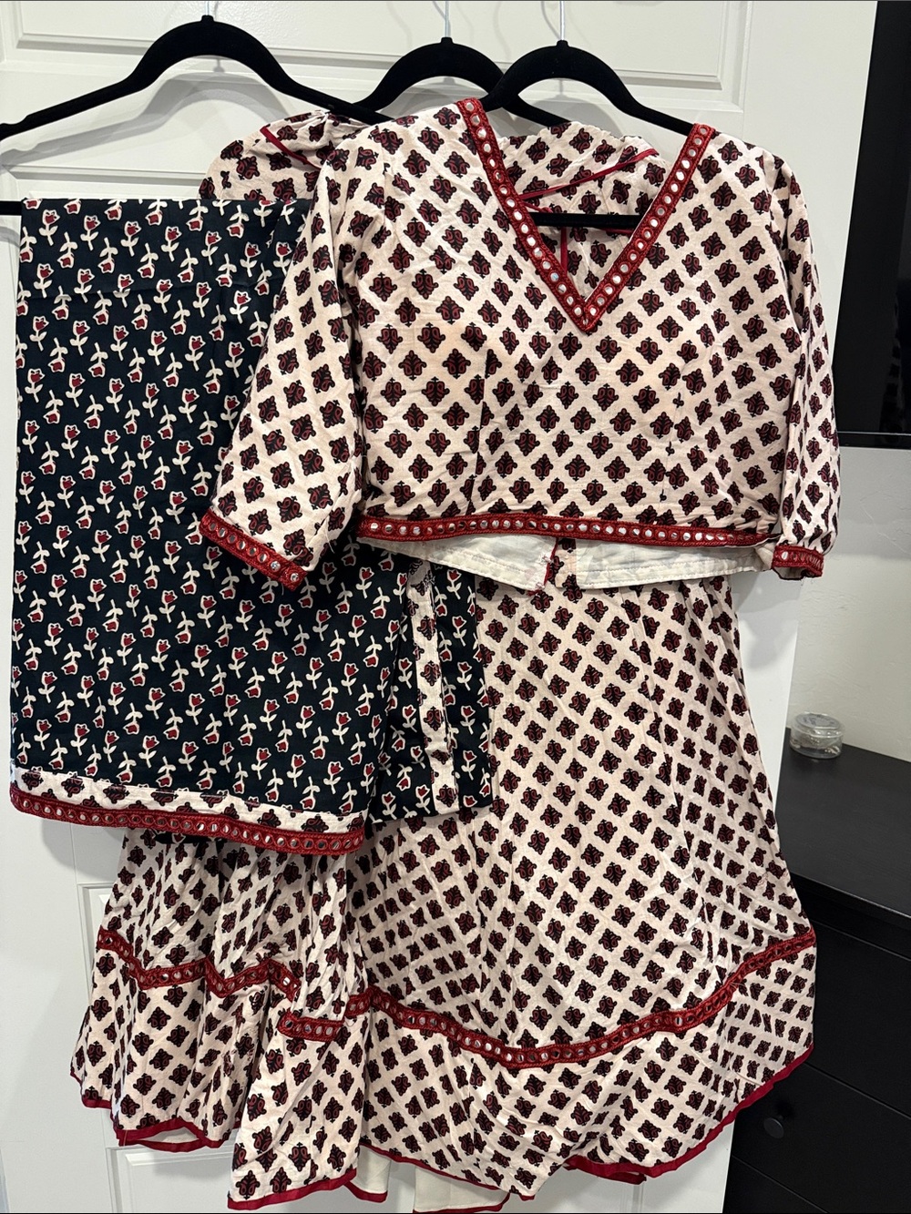 Printed Two-Piece Skirt Set in Cream and Burgundy chaniya choli